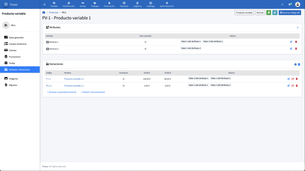 Creación de productos variables en Fixner