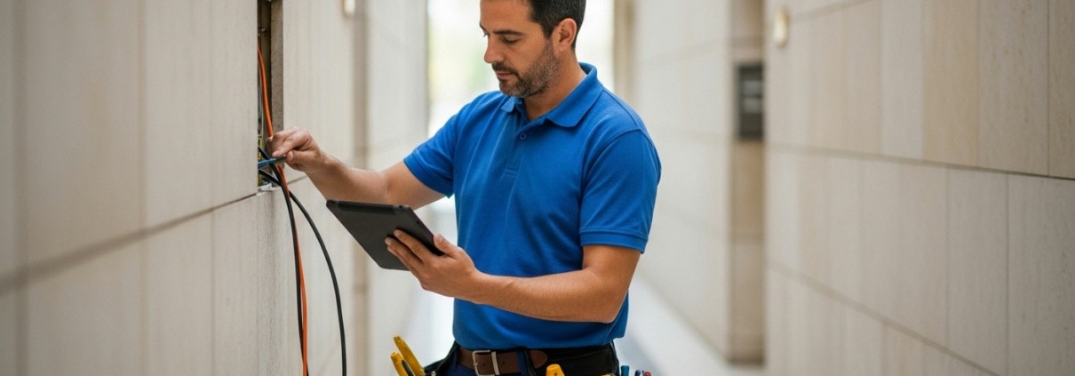 Comparativa Software SAT - Persona de servicio técnico trabajando en un edificio con Fixner