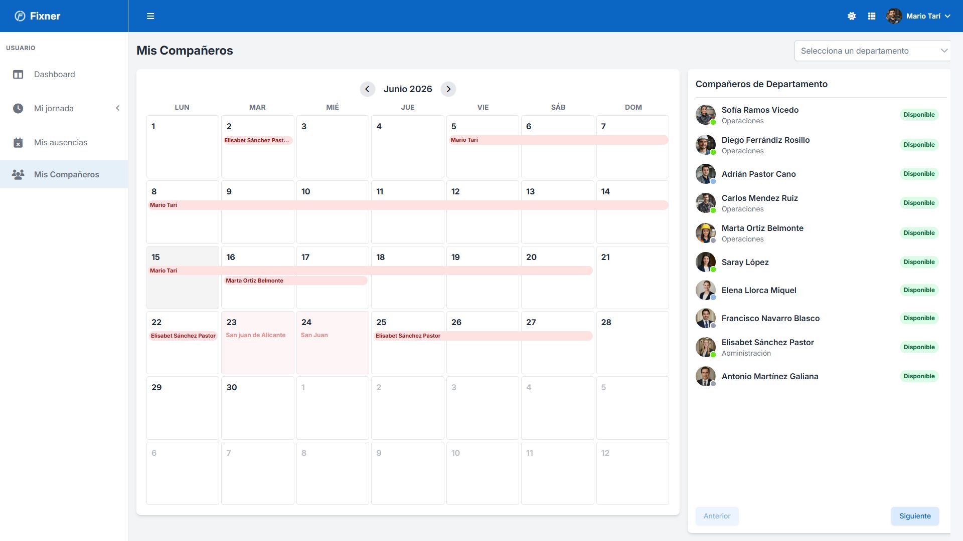 Cuadrante de equipo en el software de Fixner para la gestión de vacaciones y ausencias en pymes, mostrando el calendario mensual con los días solicitados y la disponibilidad de los compañeros de departamento.