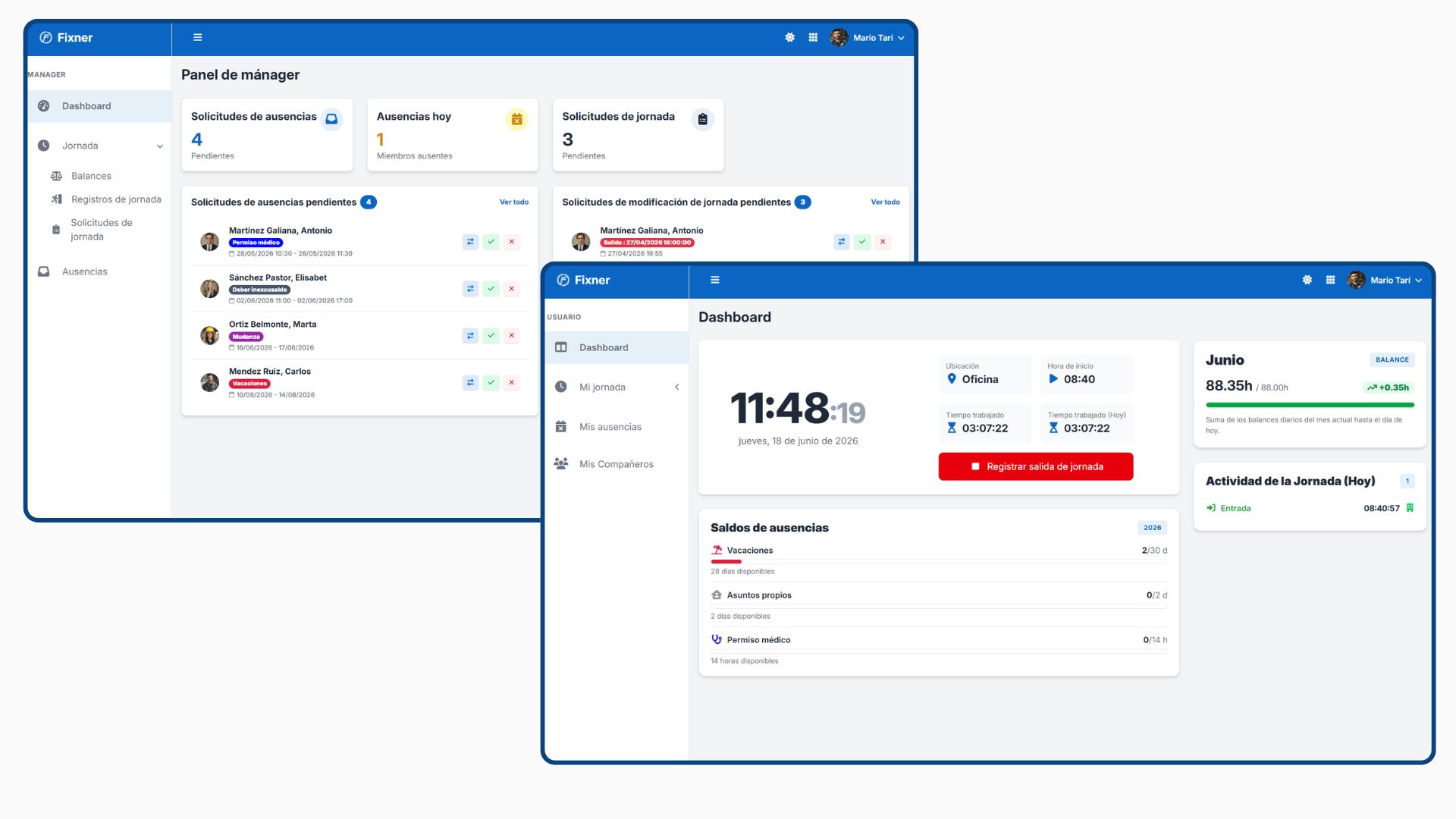 Vista de la interfaz del portal del empleado de Fixner, mostrando el panel de mánager para gestionar solicitudes de ausencias y el dashboard de usuario para el registro de jornada y control de presencia.